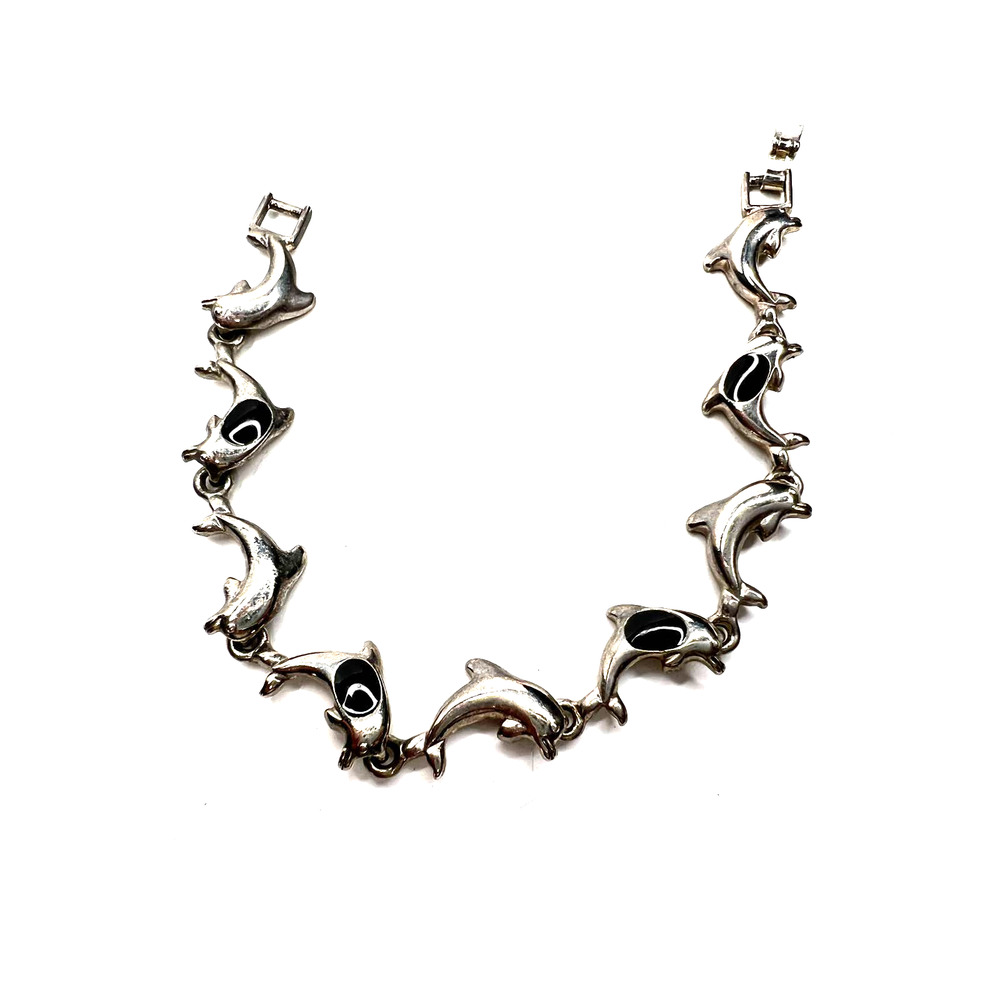 Vintage Dolphin Link Bracelet Silver Tone Ocean